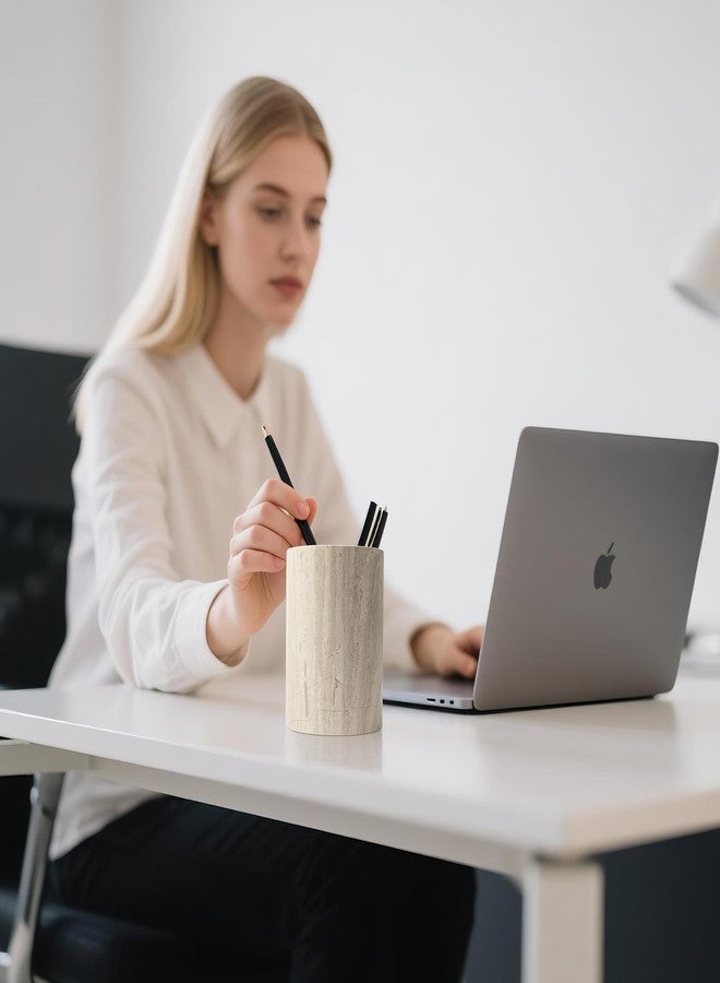 WORHE Natural Marble Pen Holder for Desk, Handcrafted Sturdy Desk Organizer with Anti-Slip Base 3.1” x 4.3” - Unique Stone Craft for Office Supplies, Makeup Brushes & Home Decor Grey (WH077) - Image 4