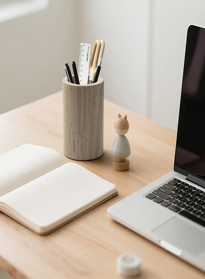 WORHE Natural Marble Pen Holder for Desk, Handcrafted Sturdy Desk Organizer with Anti-Slip Base 3.1” x 4.3” - Unique Stone Craft for Office Supplies, Makeup Brushes & Home Decor Grey (WH077) - Image 2