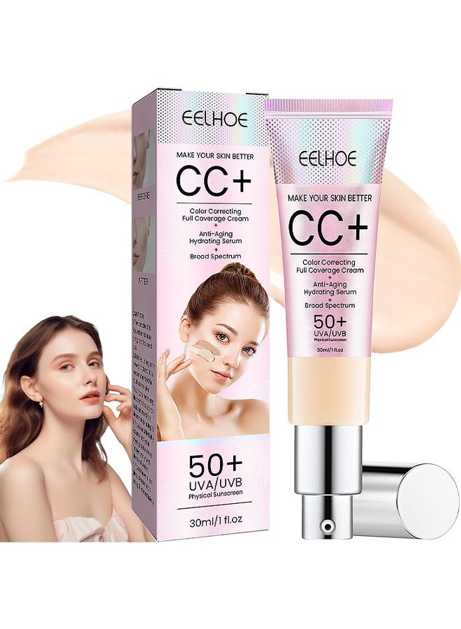 إيلهو كريم CC لتصحيح الألوان بتغطية كاملة SPF 50+ ، كريم أساس CC ، مصل مرطب خفيف الوزن كامل التغطية ، زيت تحكم وترطيب مقاوم للماء كريم تصحيح اللون غير اللامع طويل الأمد (LIGHT) - Image 1