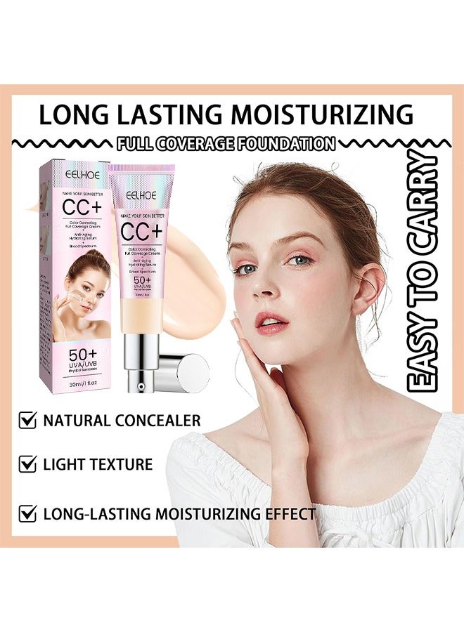 إيلهو كريم CC لتصحيح الألوان بتغطية كاملة SPF 50+ ، كريم أساس CC ، مصل مرطب خفيف الوزن كامل التغطية ، زيت تحكم وترطيب مقاوم للماء كريم تصحيح اللون غير اللامع طويل الأمد (LIGHT) - Image 4