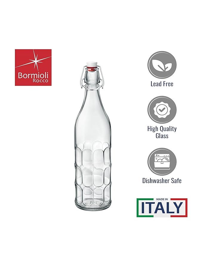 Bormioli Rocco - Set Of 2 Moresca Bottles 33.75 Oz. Clear Textured Glass With Swing Top Hermetic Lid Leak Proof Water Bottle Dishwasher Safe Made In Italy - Image 1