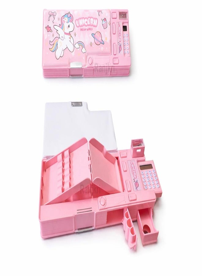 Ranjkri Pencil Box for Kids with Calculator & Sharpener | Multi-Compartment Plastic Pencil Case with Writing Pad | Cute Pink Pencil Box for Girls School Use - Image 1