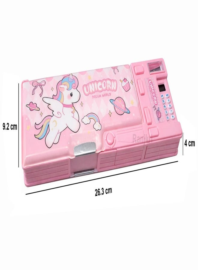 Ranjkri Pencil Box for Kids with Calculator & Sharpener | Multi-Compartment Plastic Pencil Case with Writing Pad | Cute Pink Pencil Box for Girls School Use - Image 4