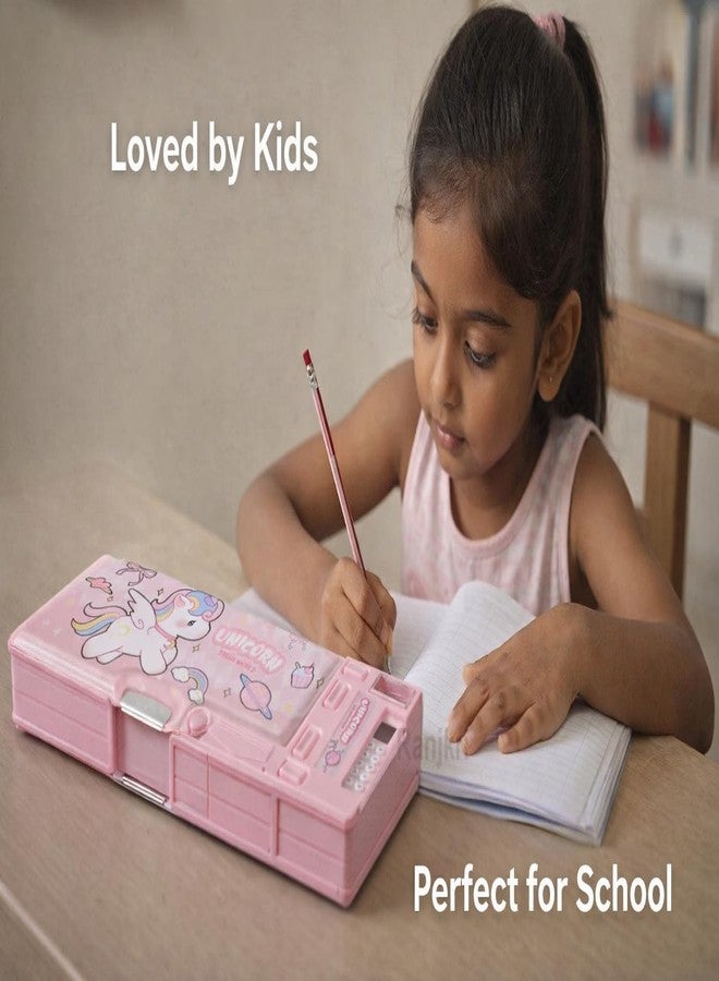 Ranjkri Pencil Box for Kids with Calculator & Sharpener | Multi-Compartment Plastic Pencil Case with Writing Pad | Cute Pink Pencil Box for Girls School Use - Image 2
