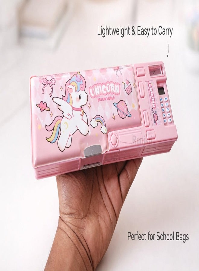 Ranjkri Pencil Box for Kids with Calculator & Sharpener | Multi-Compartment Plastic Pencil Case with Writing Pad | Cute Pink Pencil Box for Girls School Use - Image 5