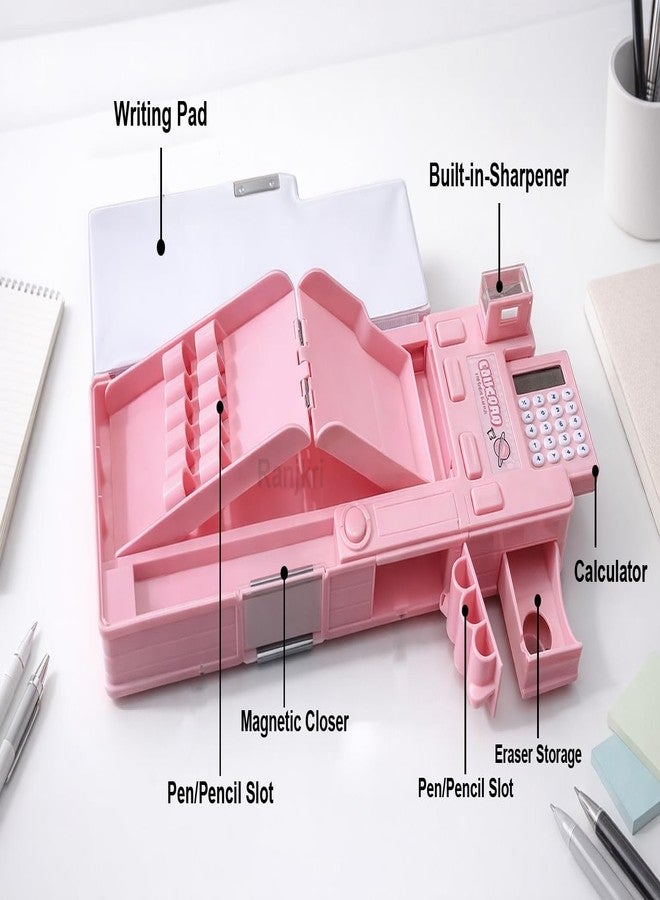 Ranjkri Pencil Box for Kids with Calculator & Sharpener | Multi-Compartment Plastic Pencil Case with Writing Pad | Cute Pink Pencil Box for Girls School Use - Image 3