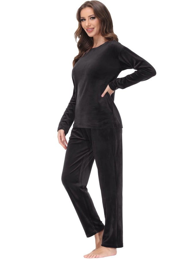 COZZIPLUS Women Velour Lounge Set 2 Piece Velvet Pajama Set Sweatsuit Crew Neck Sweatshirt and Elastic Waist Sweatpant(Black,L) - Image 2