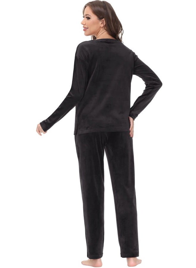 COZZIPLUS Women Velour Lounge Set 2 Piece Velvet Pajama Set Sweatsuit Crew Neck Sweatshirt and Elastic Waist Sweatpant(Black,L) - Image 4