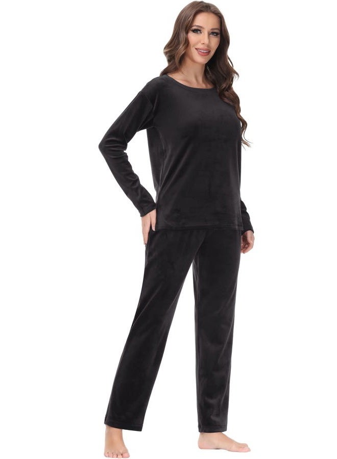 COZZIPLUS Women Velour Lounge Set 2 Piece Velvet Pajama Set Sweatsuit Crew Neck Sweatshirt and Elastic Waist Sweatpant(Black,L) - Image 1