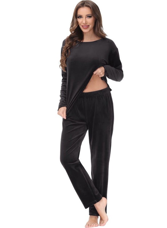 COZZIPLUS Women Velour Lounge Set 2 Piece Velvet Pajama Set Sweatsuit Crew Neck Sweatshirt and Elastic Waist Sweatpant(Black,L) - Image 3