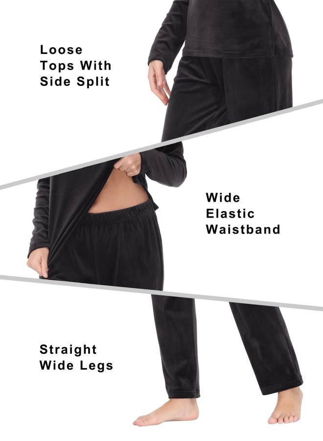 COZZIPLUS Women Velour Lounge Set 2 Piece Velvet Pajama Set Sweatsuit Crew Neck Sweatshirt and Elastic Waist Sweatpant(Black,L) - Image 5