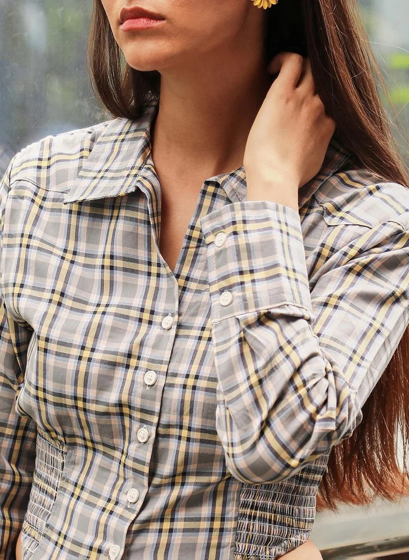 PINACOLADA Women's Olive Green Tartan Plaid Cinched Cropped Shirt