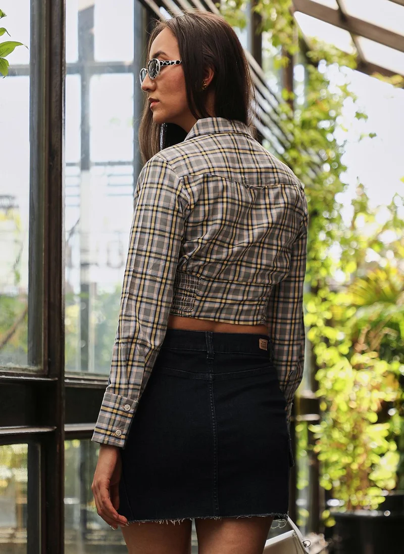 PINACOLADA Women's Olive Green Tartan Plaid Cinched Cropped Shirt