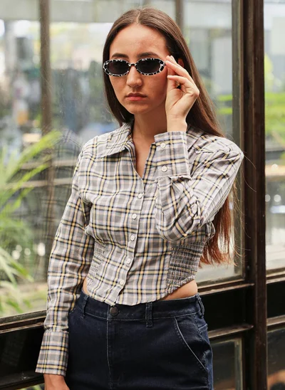 PINACOLADA Women's Olive Green Tartan Plaid Cinched Cropped Shirt