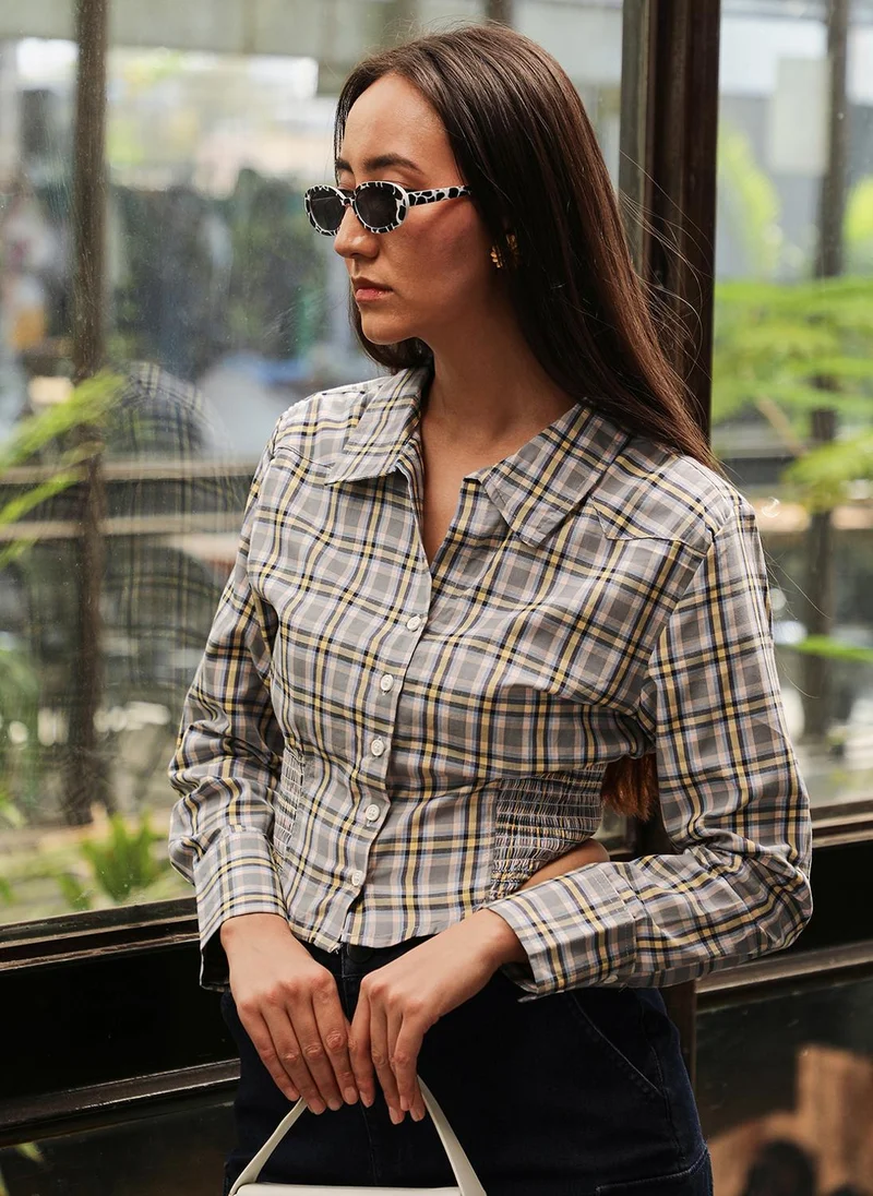 PINACOLADA Women's Olive Green Tartan Plaid Cinched Cropped Shirt