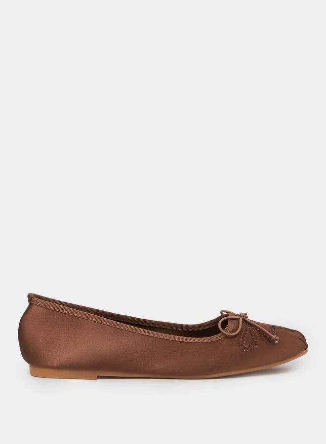 Styli Brown Bow and Sequin Details Satin Square Toe Ballerina