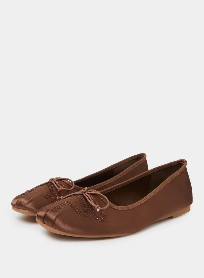Styli Brown Bow and Sequin Details Satin Square Toe Ballerina