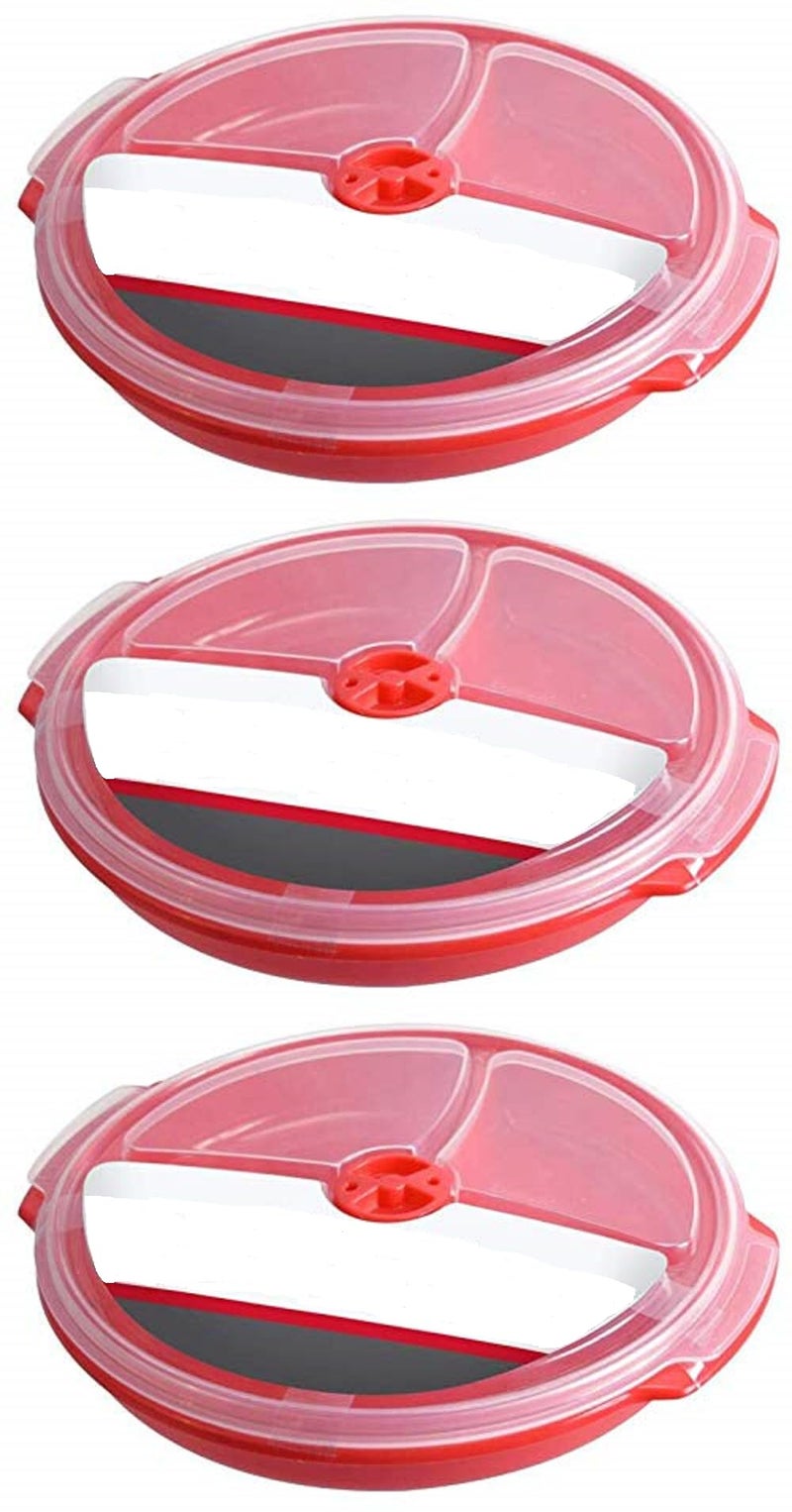 AMBSS SYS Home Products Essentials 3 pack- Microwave Food Storage Travel Tray Containers - Portion Control - 3 Section Compartment Divided Plates with Vented Lid For Easy Reheat (3, Red) - Image 1