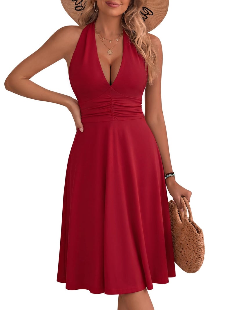 HUHOT Red Dress Summer Work Dresses for Women 2026 Date Night Halter A Line Cruise Outfits Teens Easter Backless Vacation Curvy Dress Cocktail Homecoming Sundress Ruched Knee Length - Image 2