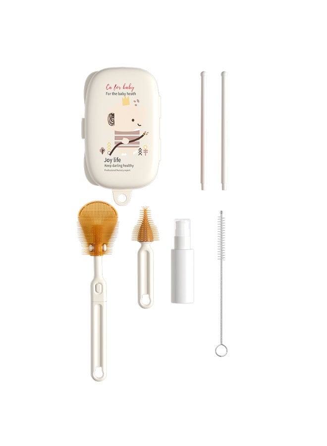 طقم فرش تنظيف رضّاعات الأطفال المحمول مع رف تجفيف - مجموعة تنظيف سيليكون 6 في 1 للرضّاعات والماصات والحلمات - حقيبة تخزين مناسبة للسفر - بيج - Image 1