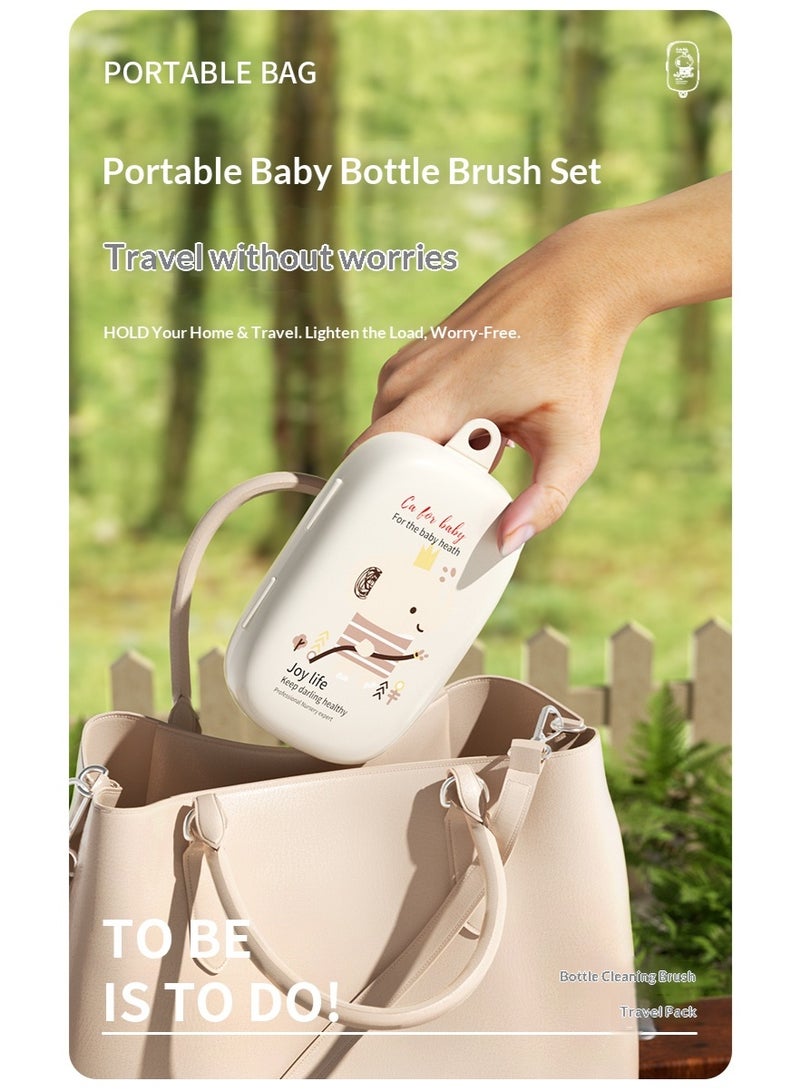 طقم فرش تنظيف رضّاعات الأطفال المحمول مع رف تجفيف - مجموعة تنظيف سيليكون 6 في 1 للرضّاعات والماصات والحلمات - حقيبة تخزين مناسبة للسفر - بيج - Image 2