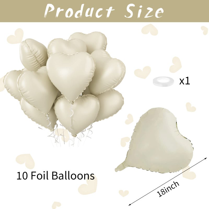 Biapian Cream Heart Balloons, Pack of 10 Beige Heart Balloons Helium Wedding, 18 Inch Cream White Heart Foil Balloon Wedding Nude Neutral for Birthday Party Valentine's Day Baby Shower - Image 2
