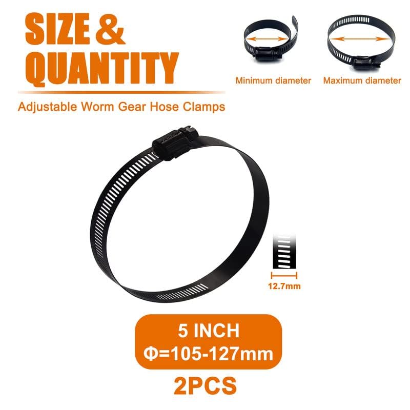 ISPINNER 2pcs 5 Inch Stainless Steel Adjustable 105-127mm Size Range Worm Gear Hose Clamp, Fuel Line Clamp for Plumbing, Automotive and Mechanical Application (Black) - Image 3