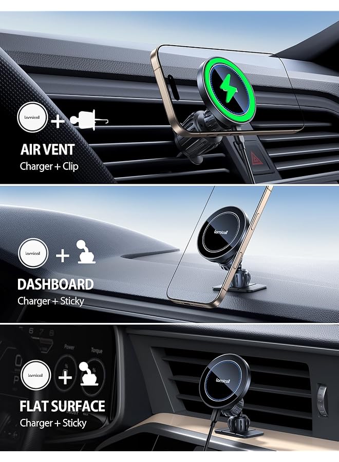 Lamicall 15W For Magsafe Car Mount Charger - [3-In-1 Upgraded Intelligent Chip] 360° Wireless Car Phone Holder Charger Vent Dashboard Magnetic Phone Holders For Iphone 16 15 14 Pro Max Mag Safe Case  - Image 2