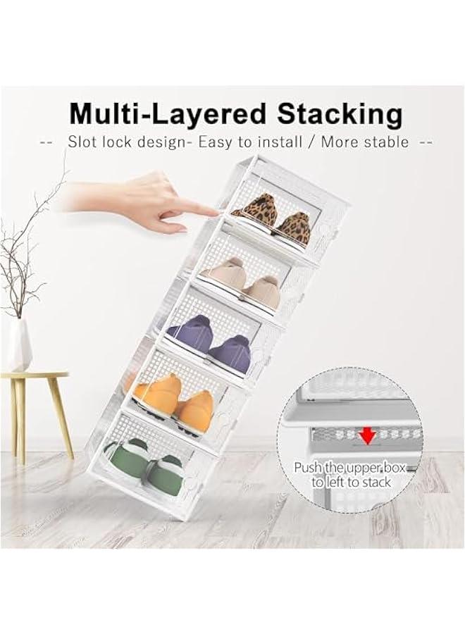 HOOKOR Large 12 Pack Shoe Storage Box, Clear Plastic Stackable Shoe Organizer for Closet, Shoe Rack Sneaker Containers Bins Holders,White - Image 2