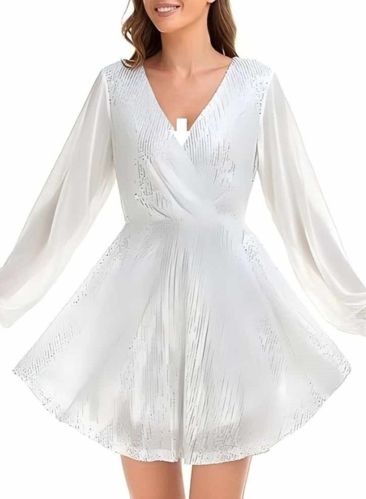 Women's V - neck Chiffon Long - sleeve Sequin Dress