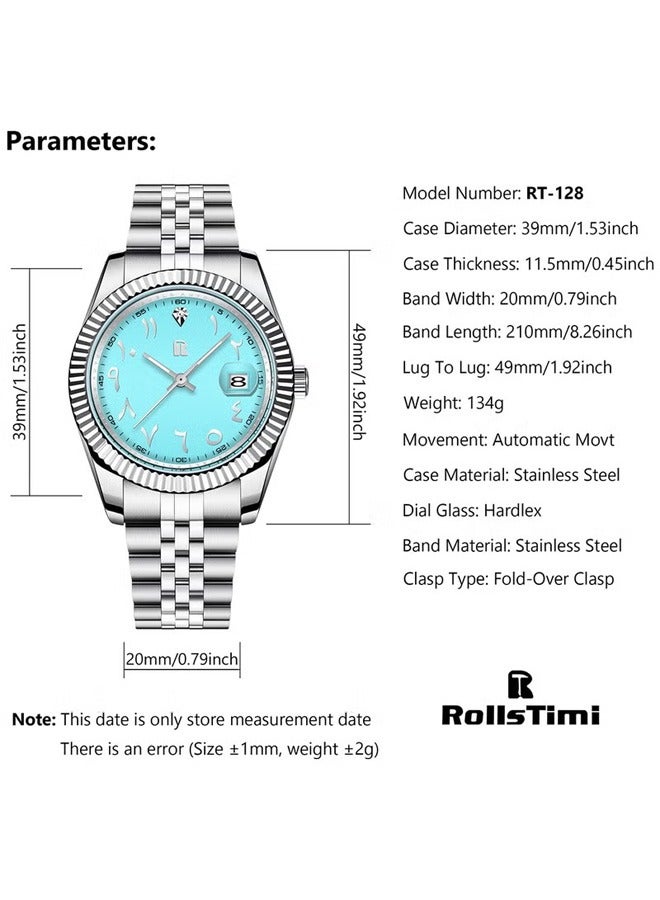 RollsTimi  Men's Business Watches, Stainless Steel Mechanical Frame, Date Display, Luminous Hands, Stainless Steel Strap RT-128 - Image 5