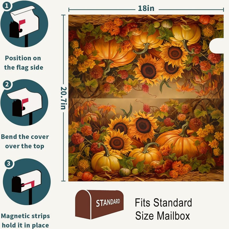 Identiy Fall Pumpkins Sunflowers Mailbox Covers Magnetic Standard Size, Thanksgiving Autumn Harvest Magnetic Mailbox Covers 18"x21" for Holiday Yard Decor - Image 2