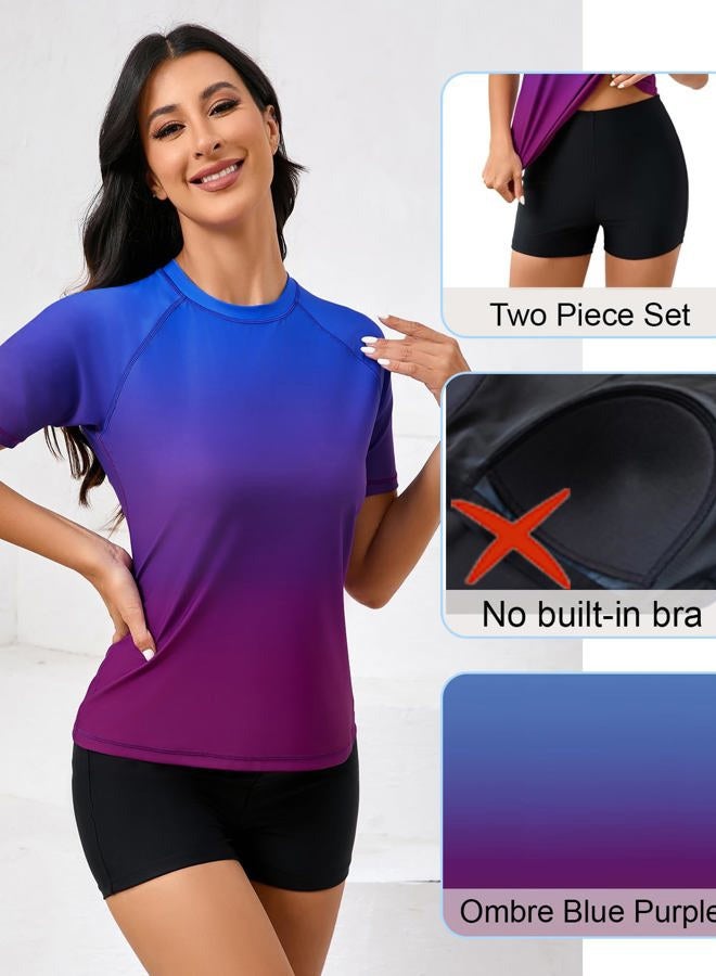 Halcurt طقم واقي من الشمس ذو أكمام قصيرة للنساء من قطعتين مع قميص سباحة بUPF 50 وشورتات سباحة، قمة أومبري زرقاء بنفسجية + قاع أسود، XXL - Image 3