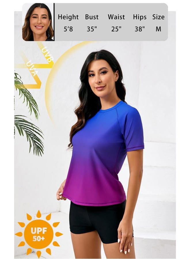 Halcurt طقم واقي من الشمس ذو أكمام قصيرة للنساء من قطعتين مع قميص سباحة بUPF 50 وشورتات سباحة، قمة أومبري زرقاء بنفسجية + قاع أسود، XXL - Image 2