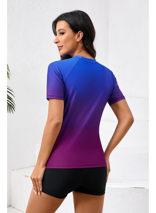 Halcurt طقم واقي من الشمس ذو أكمام قصيرة للنساء من قطعتين مع قميص سباحة بUPF 50 وشورتات سباحة، قمة أومبري زرقاء بنفسجية + قاع أسود، XXL - Image 4