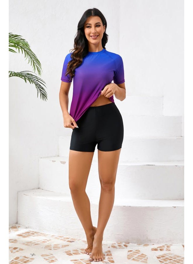 Halcurt طقم واقي من الشمس ذو أكمام قصيرة للنساء من قطعتين مع قميص سباحة بUPF 50 وشورتات سباحة، قمة أومبري زرقاء بنفسجية + قاع أسود، XXL - Image 5
