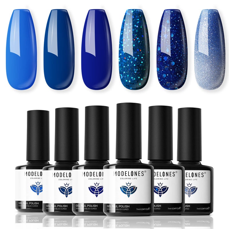 modelones Blue Gel Nail Polish Set, 6 Blue Christmas Color Changing Gel Polish Winter Glitter Nail Polish Gel Kit Soak Off LED Nail Art Manicure Holiday Gifts for Women Girls DIY Home Salon - Image 1