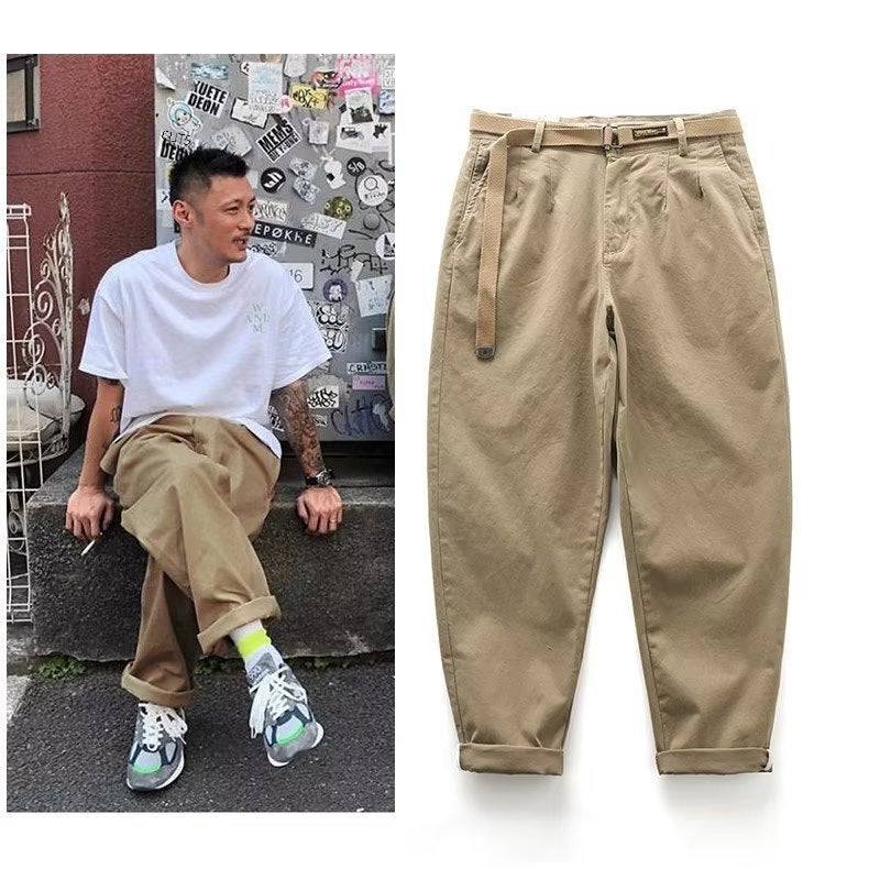Japanese Casual Mens Cargo Pants Straight Fit Elastic Cotton Grey  - Image 3