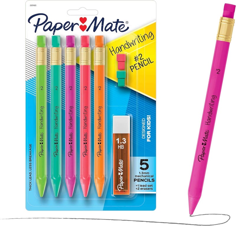 Papermate Handwriting Triangular Mechanical Pencil Set with Lead & Eraser Refills, 1.3mm, 8 Count - Back to School, Teacher Supplies, Home, Kids Writing, Fun Barrel Colors - Image 1