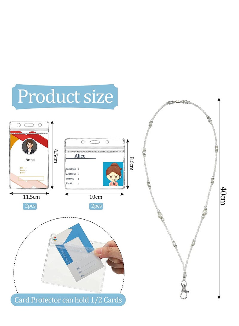 Excefore Lanyards Pearl Badge with 4 Pcs ID Holders Retractable Beautiful ID Necklaces Waterproof Headphone Key Chain with Silver Clip for Girl Women Office Restaurants school Student Card - Image 3