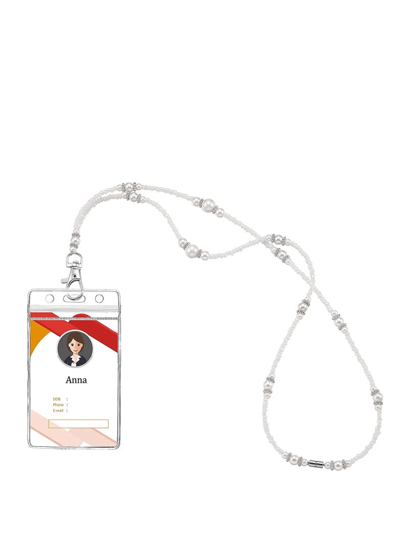 Excefore Lanyards Pearl Badge with 4 Pcs ID Holders Retractable Beautiful ID Necklaces Waterproof Headphone Key Chain with Silver Clip for Girl Women Office Restaurants school Student Card - Image 4