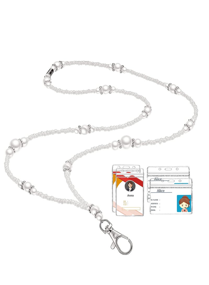 Excefore Lanyards Pearl Badge with 4 Pcs ID Holders Retractable Beautiful ID Necklaces Waterproof Headphone Key Chain with Silver Clip for Girl Women Office Restaurants school Student Card - Image 1