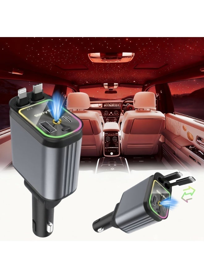 FETUSI Car Charger Adapter – 4‑in‑1 Fast Car Charger with Retractable USB Cables, Dual Port USB Fast Charger, Starlight Projection Compatible with iPhone & Android - Image 1