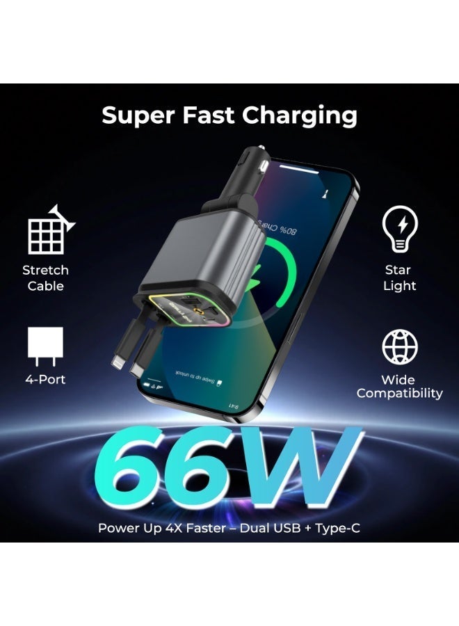 FETUSI Car Charger Adapter – 4‑in‑1 Fast Car Charger with Retractable USB Cables, Dual Port USB Fast Charger, Starlight Projection Compatible with iPhone & Android - Image 3
