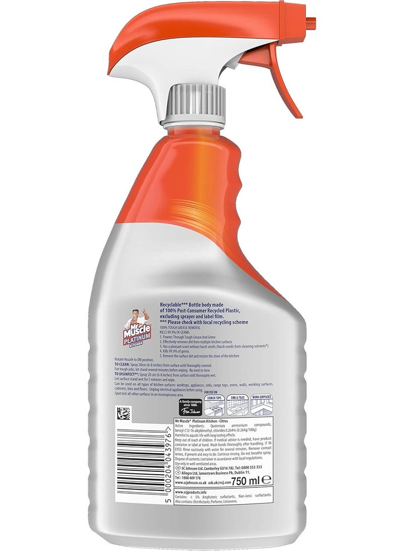 Mr Muscle Kitchen Cleaner Citrus Platinum Antibacterial Kitchen Spray, 750 ml - Image 2