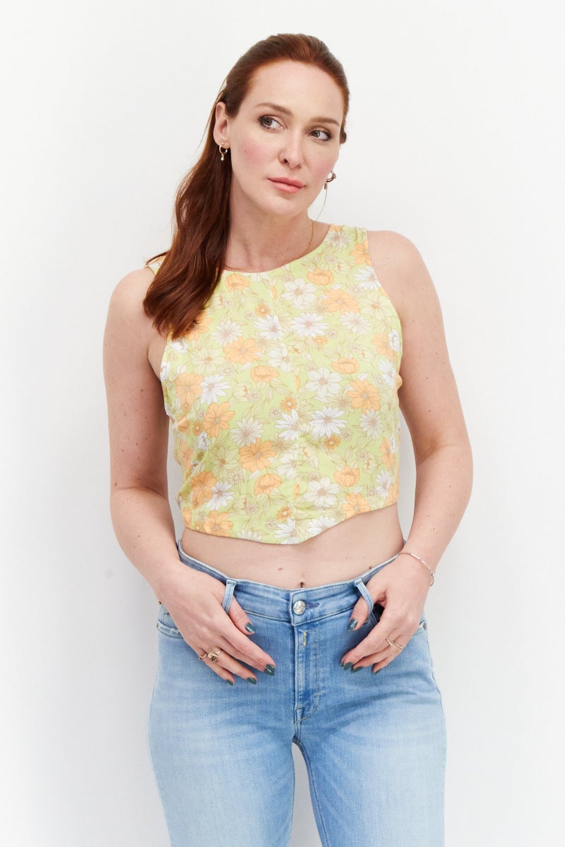 rvca Women Scoop Neck Floral Print Tank Top, Lime Green Combo - Image 1