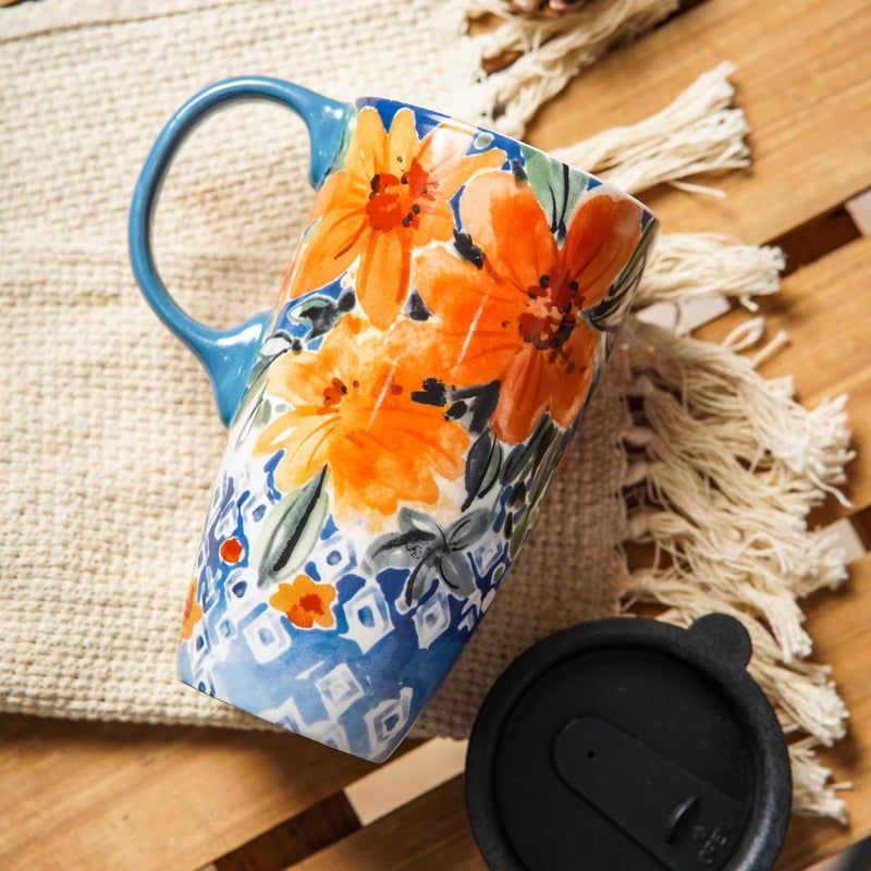DUSVALLY Coffee Ceramic Mug Travel Coffee Mug Porcelain Latte Tea Cup With Lid and Color Box 17ozOrange FlowerGifts for Mom - Image 3