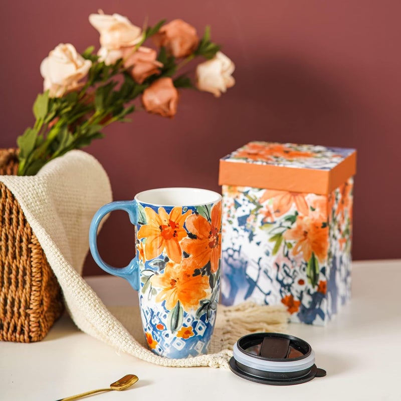 DUSVALLY Coffee Ceramic Mug Travel Coffee Mug Porcelain Latte Tea Cup With Lid and Color Box 17ozOrange FlowerGifts for Mom - Image 2