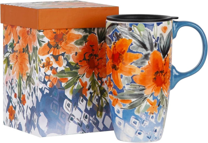 DUSVALLY Coffee Ceramic Mug Travel Coffee Mug Porcelain Latte Tea Cup With Lid and Color Box 17ozOrange FlowerGifts for Mom - Image 1