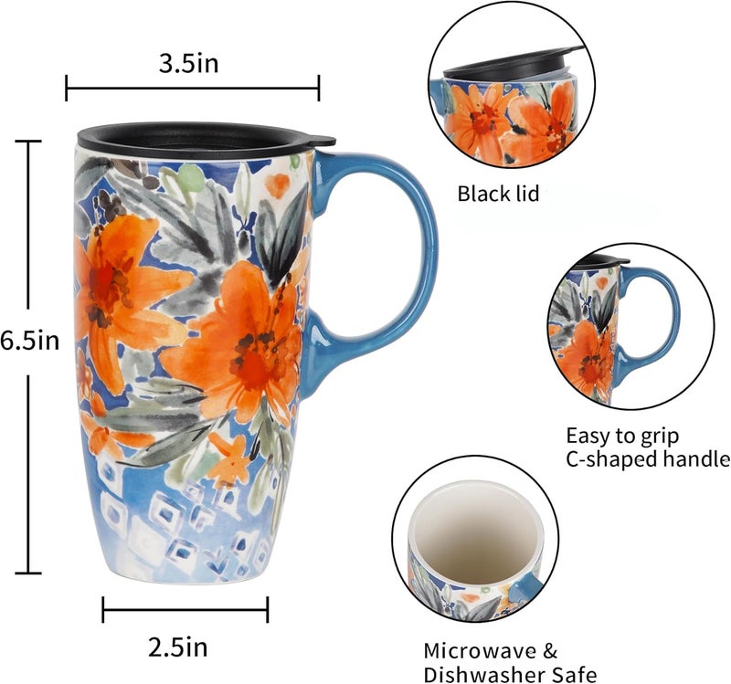 DUSVALLY Coffee Ceramic Mug Travel Coffee Mug Porcelain Latte Tea Cup With Lid and Color Box 17ozOrange FlowerGifts for Mom - Image 5
